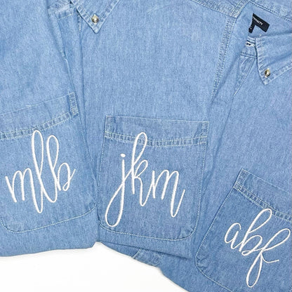 monogrammed denim button down shirt